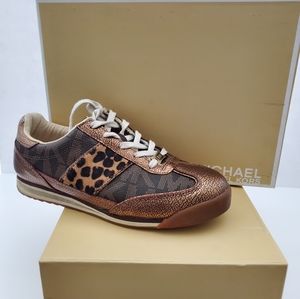 Michael Kors Gold & Brown Monogrammed Lace Up Sneakers